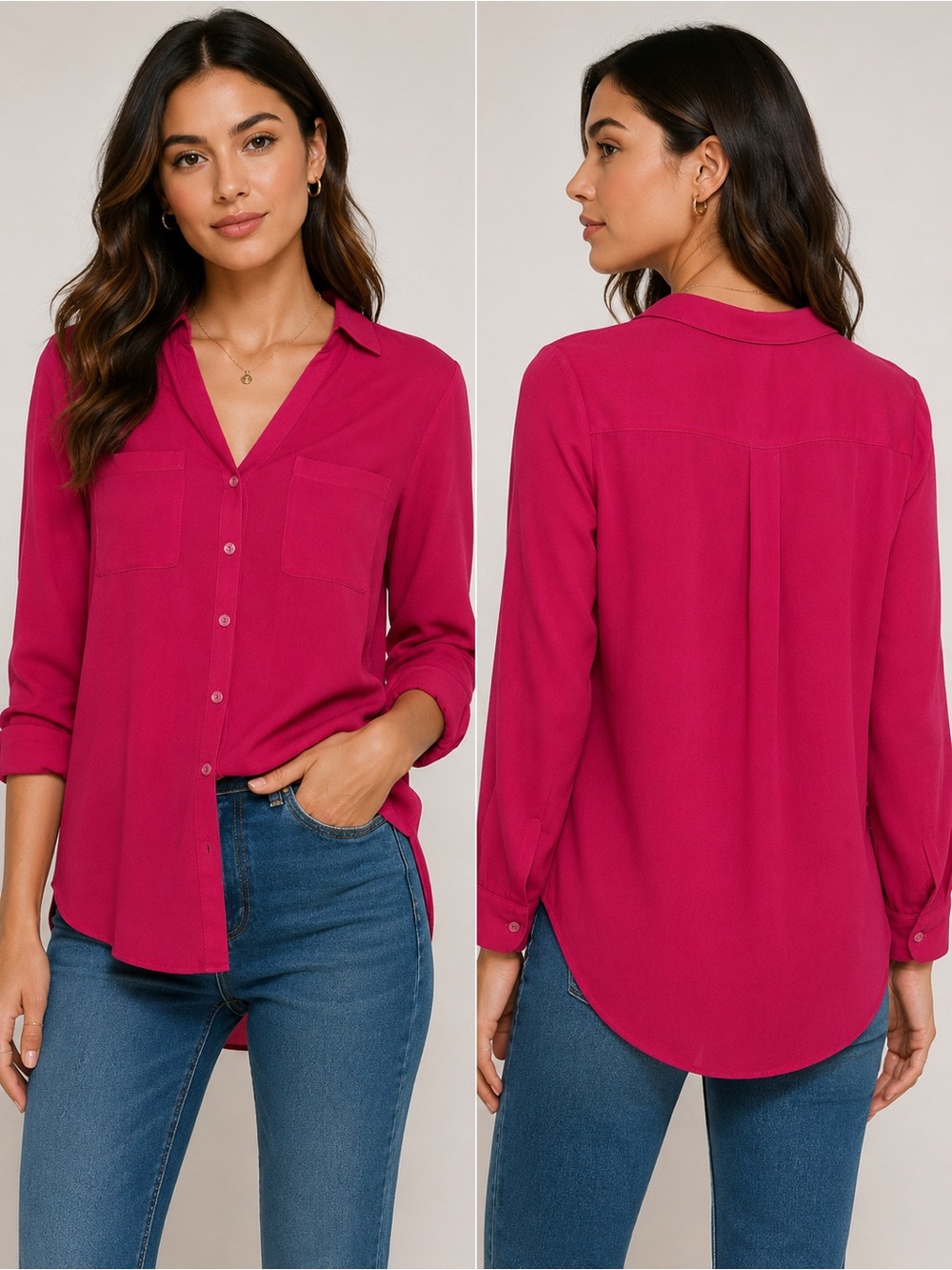 Express Womens Button-Front Long Sleeve Shirt - Magenta